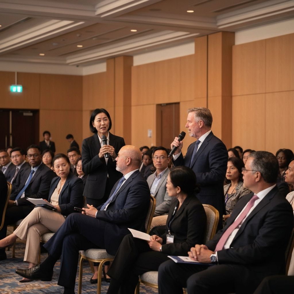 Global dialogue event with keynote speakers presenting to international audience